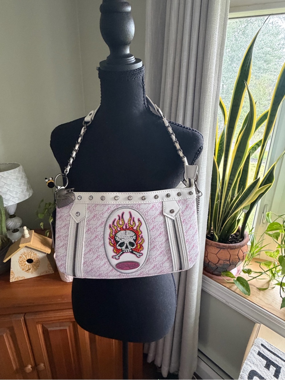 Ed Hardy White and Light Pink Skull Flame Shoulder Bag